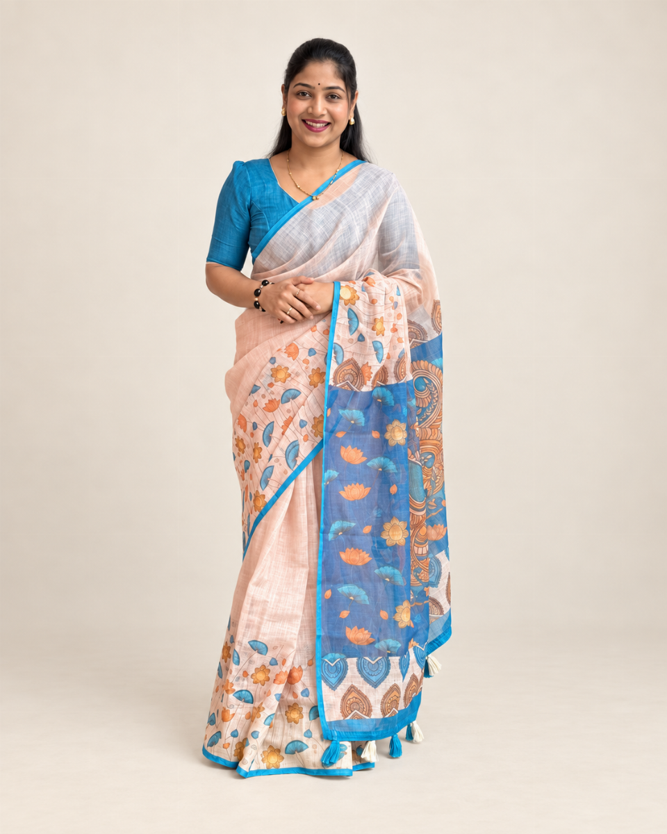 Soft Peach Blossom Linen Saree