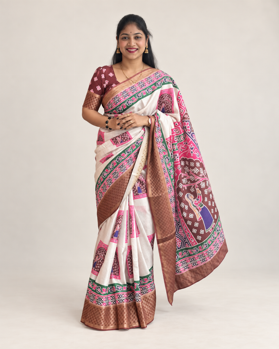 Off-White & Brown Bandhani Cotton Silk Saree