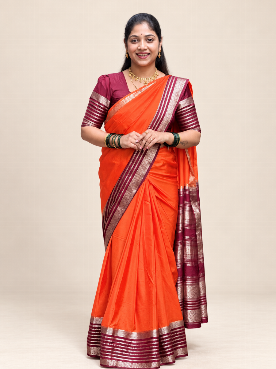 Mysore Crepe Silk Saree – Orange & Coffee
