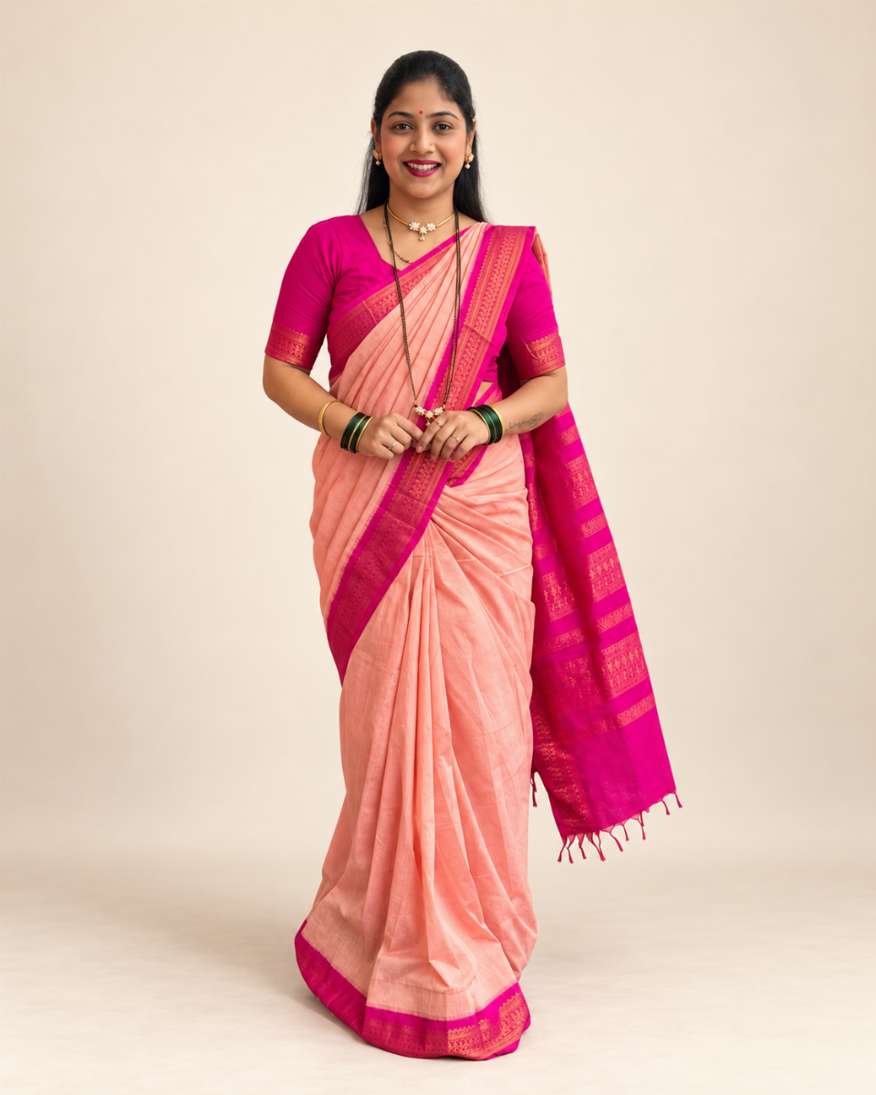 Premium Gadwal Saree – Peach Pink with Rani Pink Border