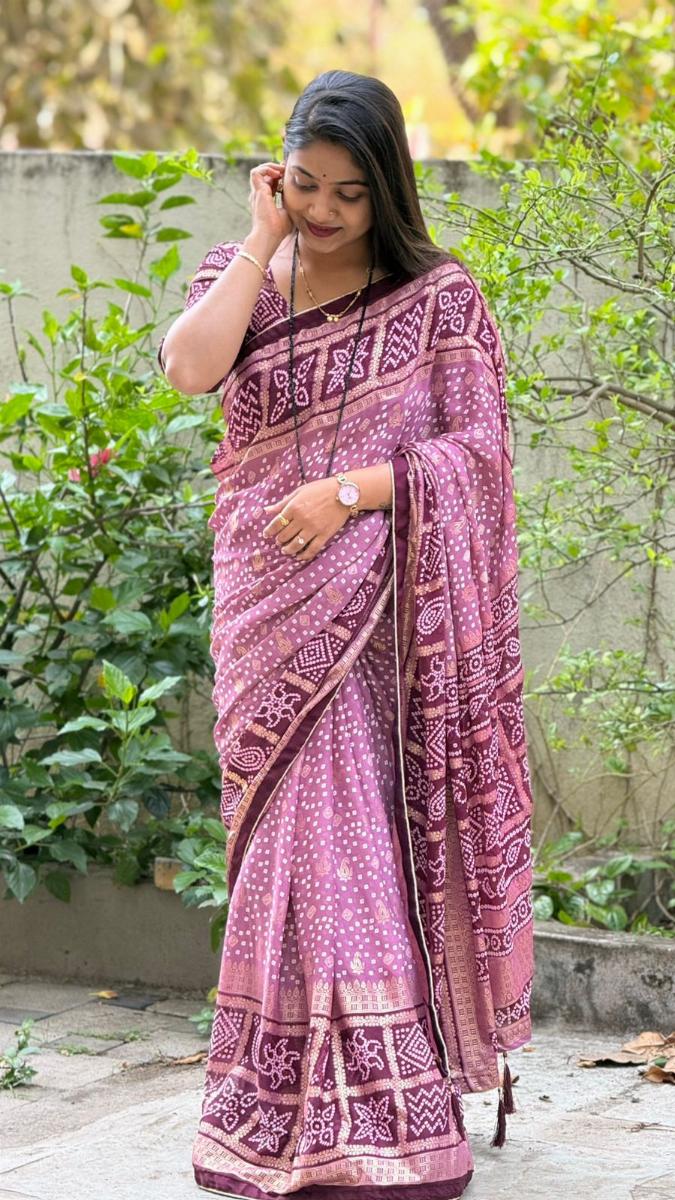 Bandhani Moss Farbic Saree - Dusty Purple