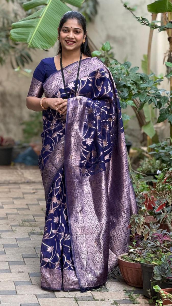 Navy Blue Cotton Linen Zari Saree