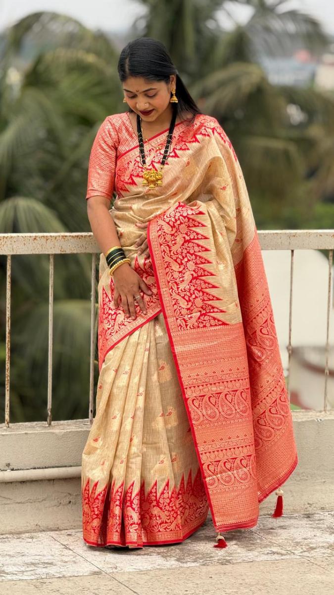 Tussar Cotton Silk Saree with Zari Border (Banarasi-style)