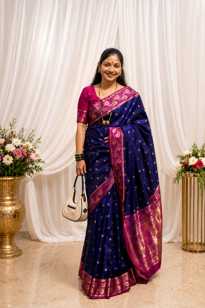 Mashru Silk Lotus Paithani Saree – Blue & Pink