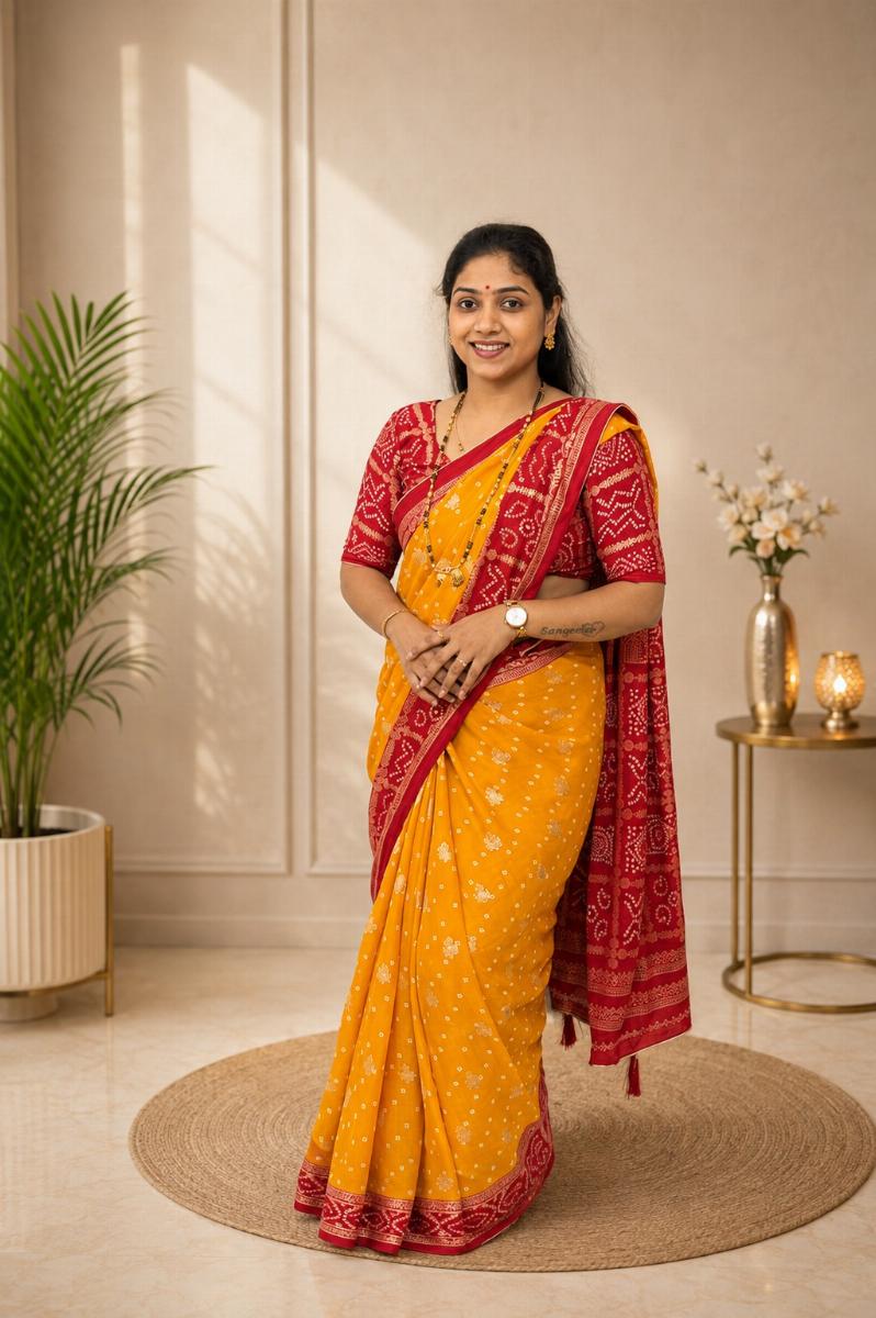 Bandhani Moss Saree – Yellow & Red