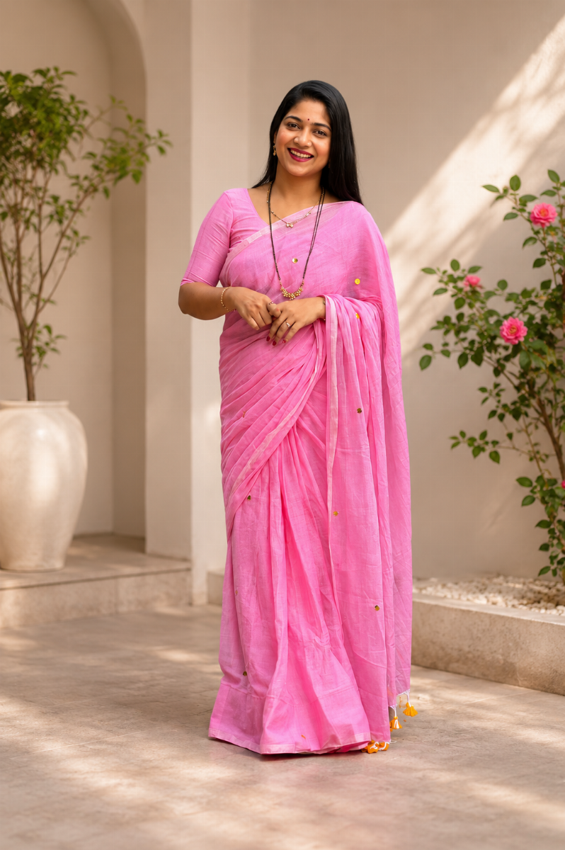 Baby Pink Mull Cotton Saree