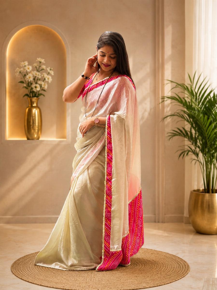 Cream & Pink Fancy Saree