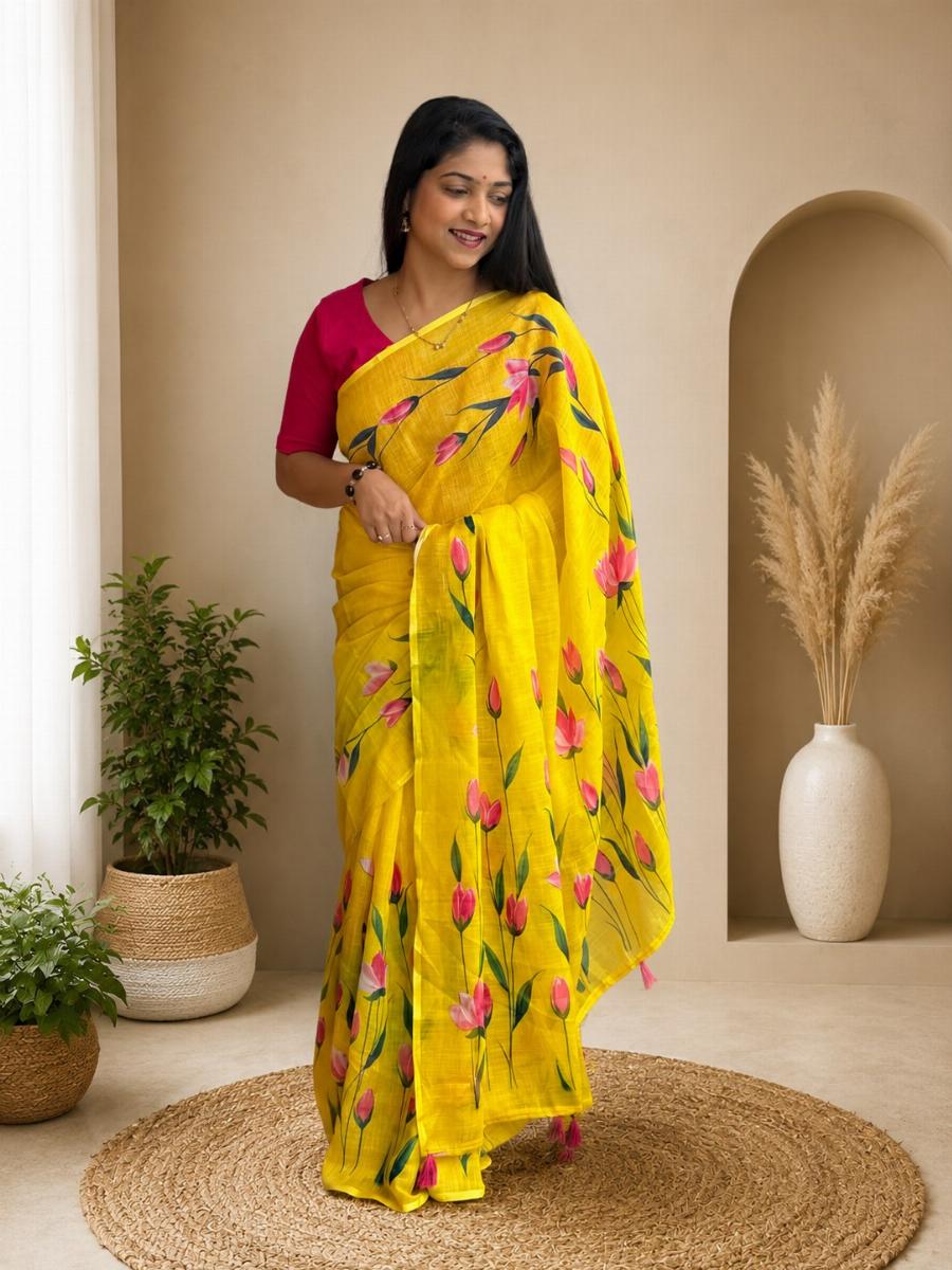 Yellow Lotus Cotton Linen Saree