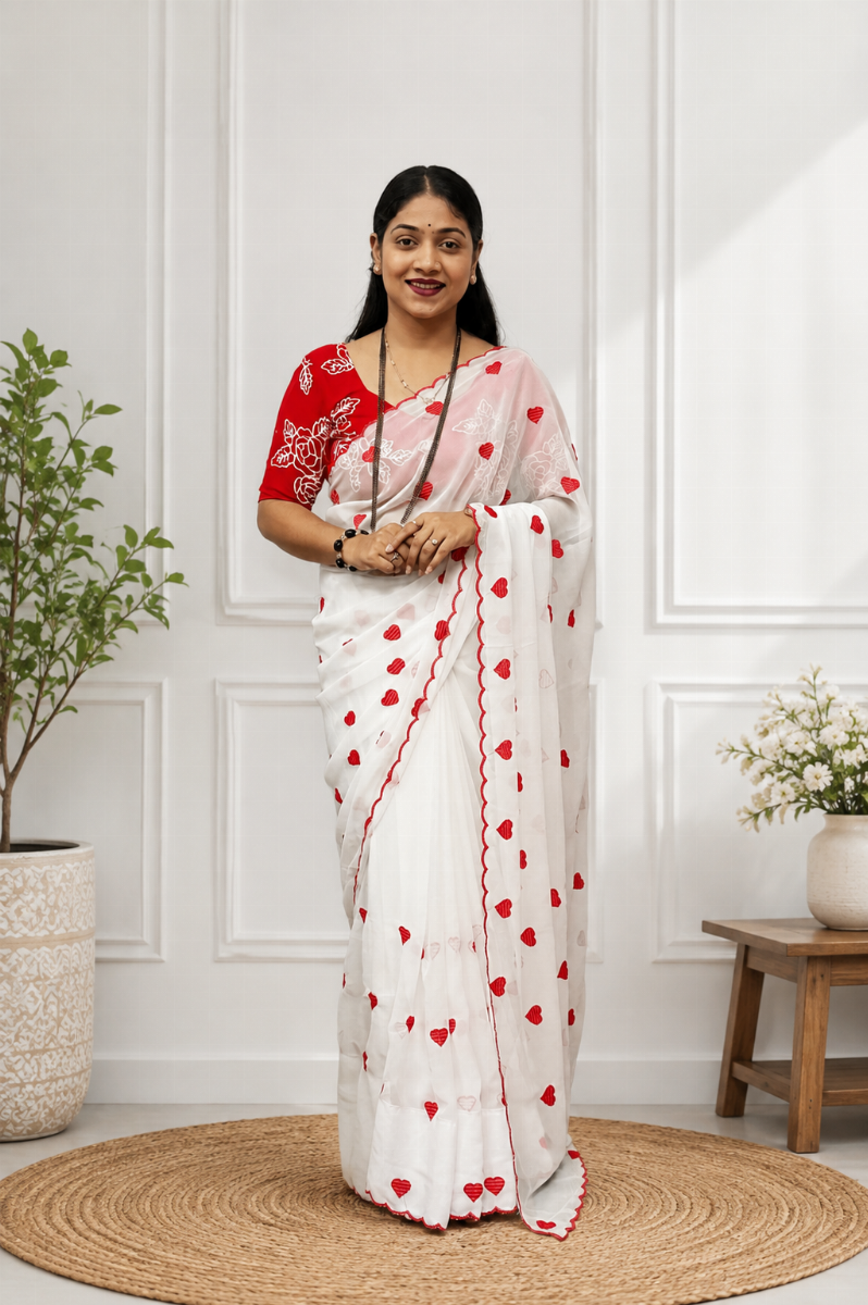 White & Red Love Butti Saree