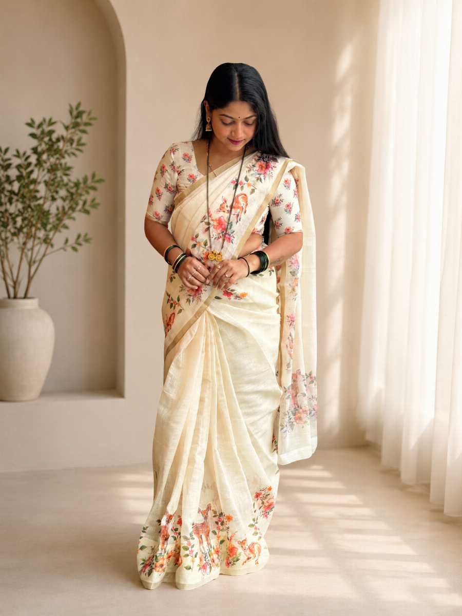 Off-White Deer Print Linen Cotton Saree